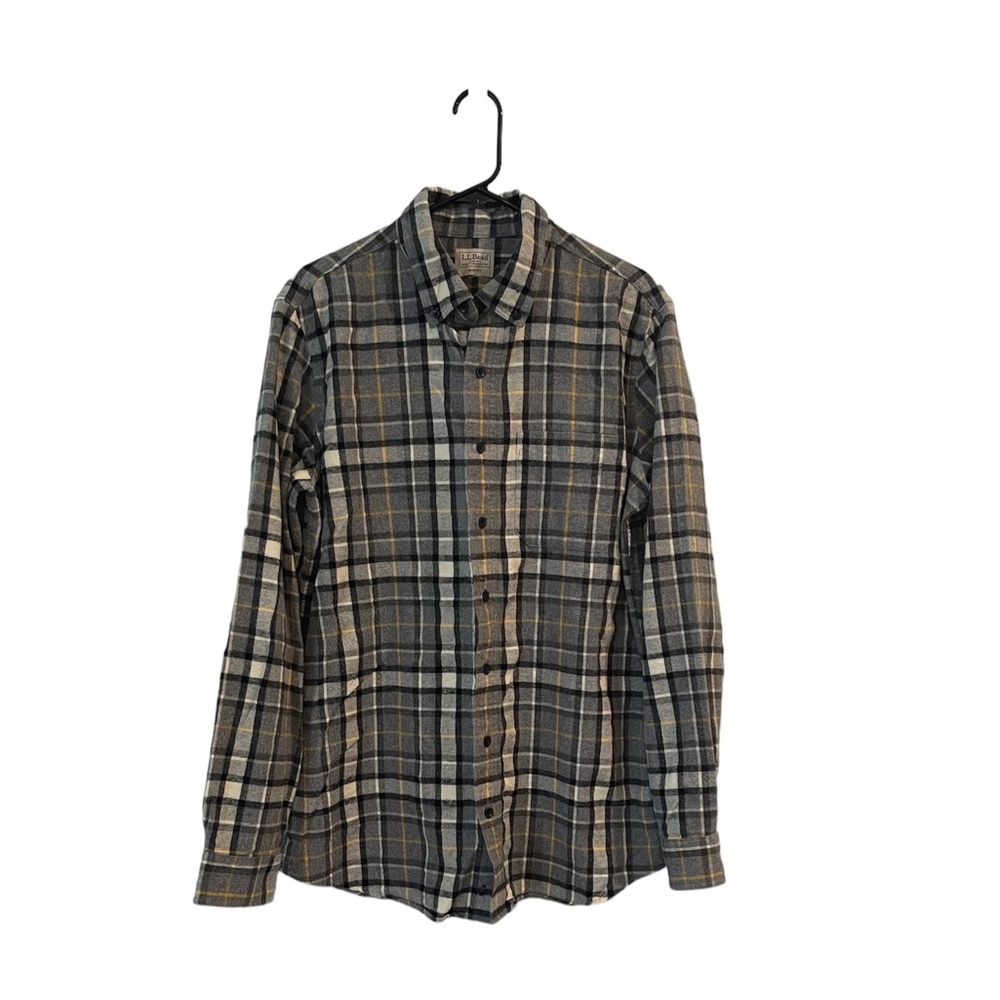 LL Bean Size Large Flannel Long Sleeve Shirt Gray Plaid Slim Fit